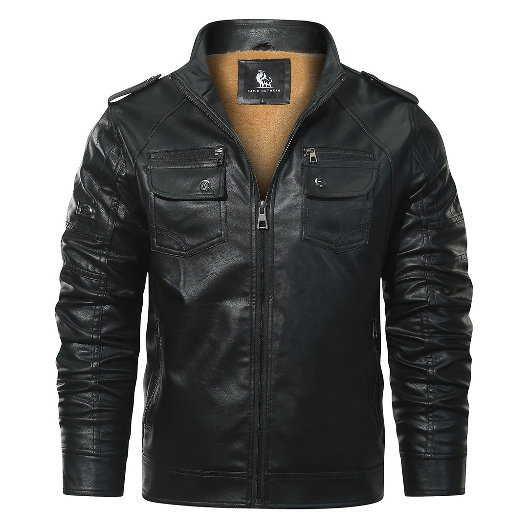 Men's Black Faux Leather Moto Jacket — Fleece-Lined, Water-Resistant