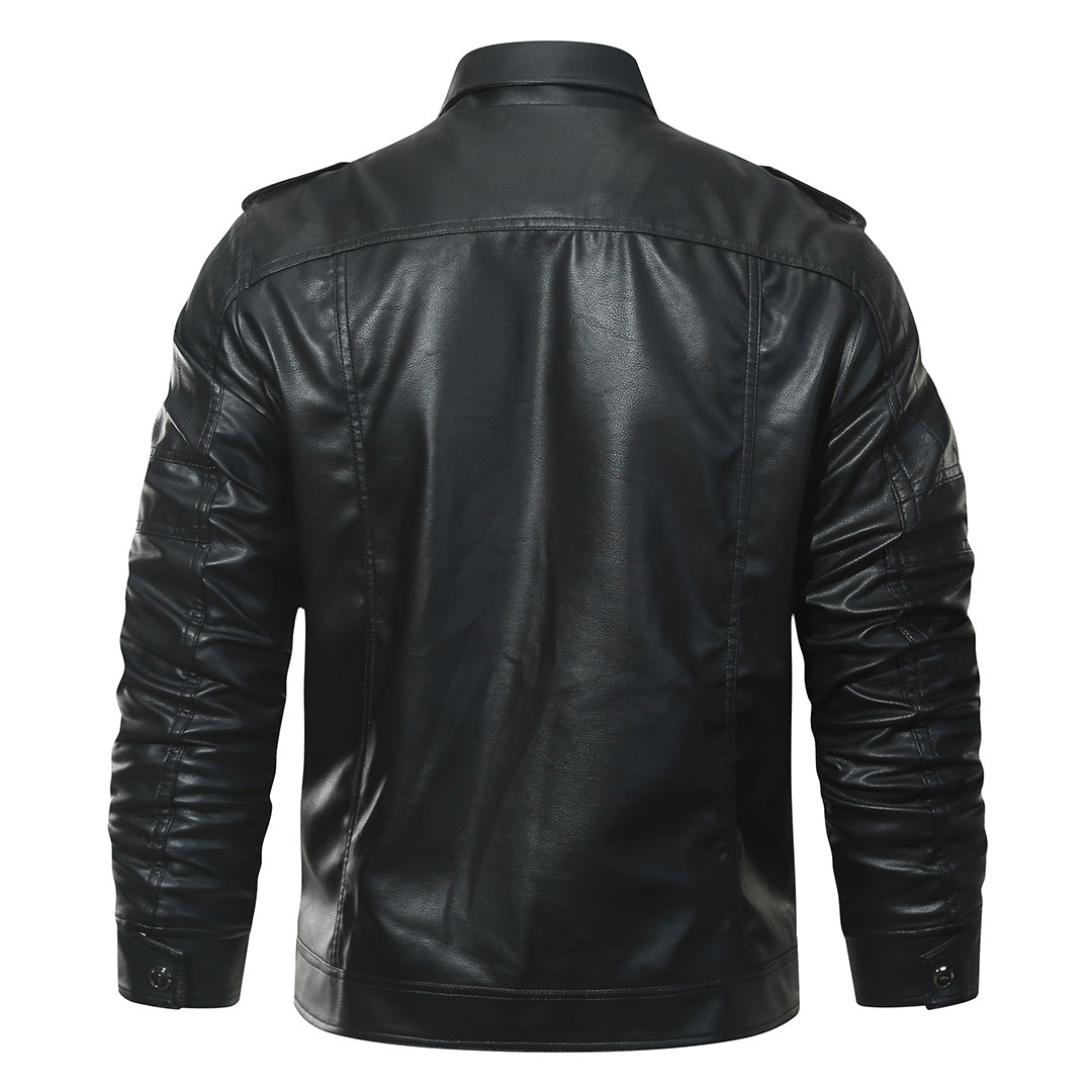 Men's Black Faux Leather Moto Jacket — Fleece-Lined, Water-Resistant