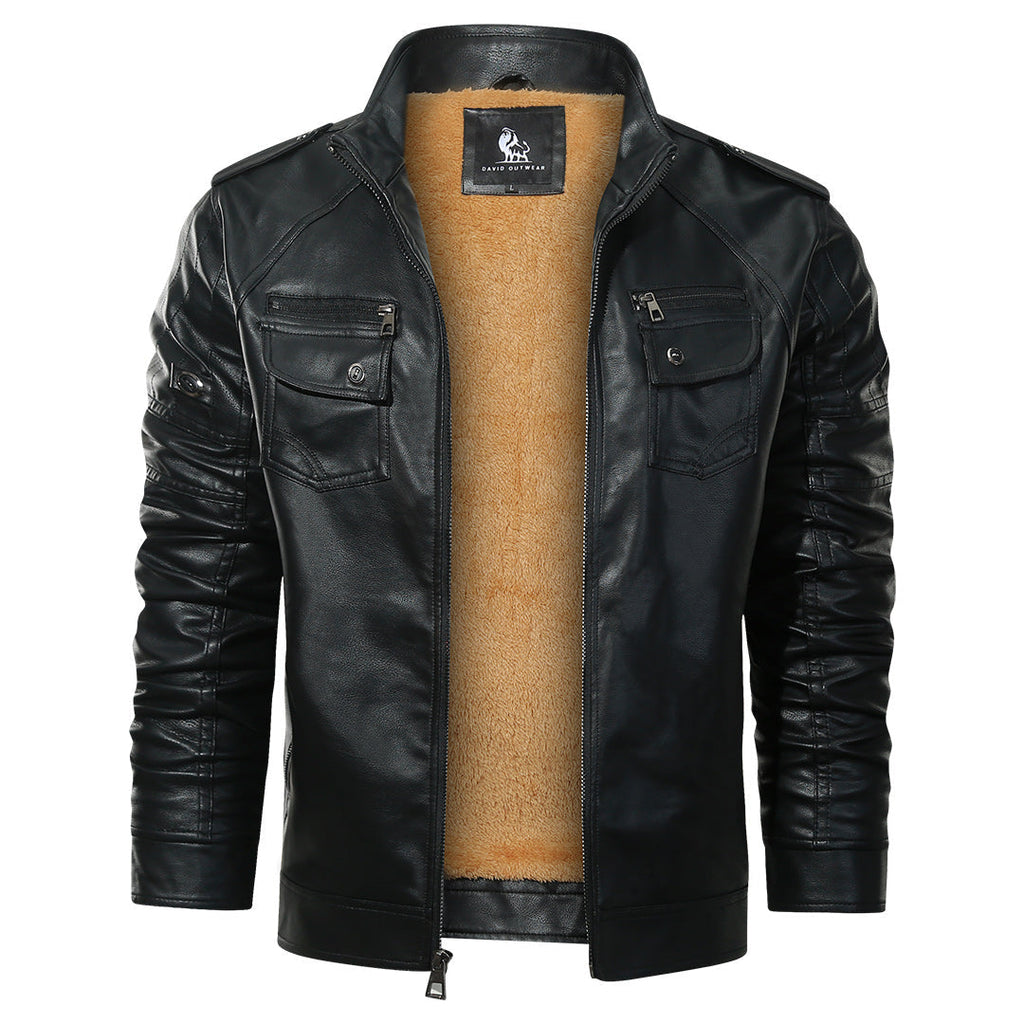 Men's Black Faux Leather Moto Jacket — Fleece-Lined, Water-Resistant