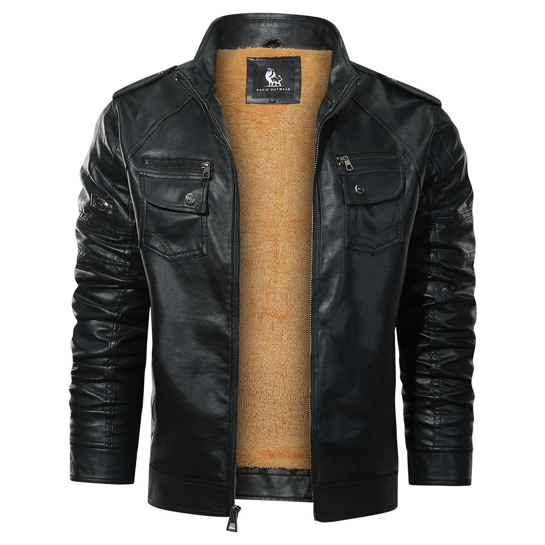 Men's Black Faux Leather Moto Jacket — Fleece-Lined, Water-Resistant