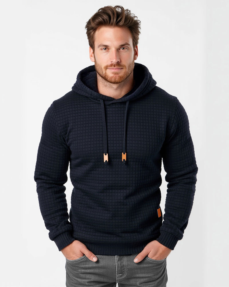 Camisola com capuz de malha de textura axadrezada e corte justo para homem, com capuz com cordão