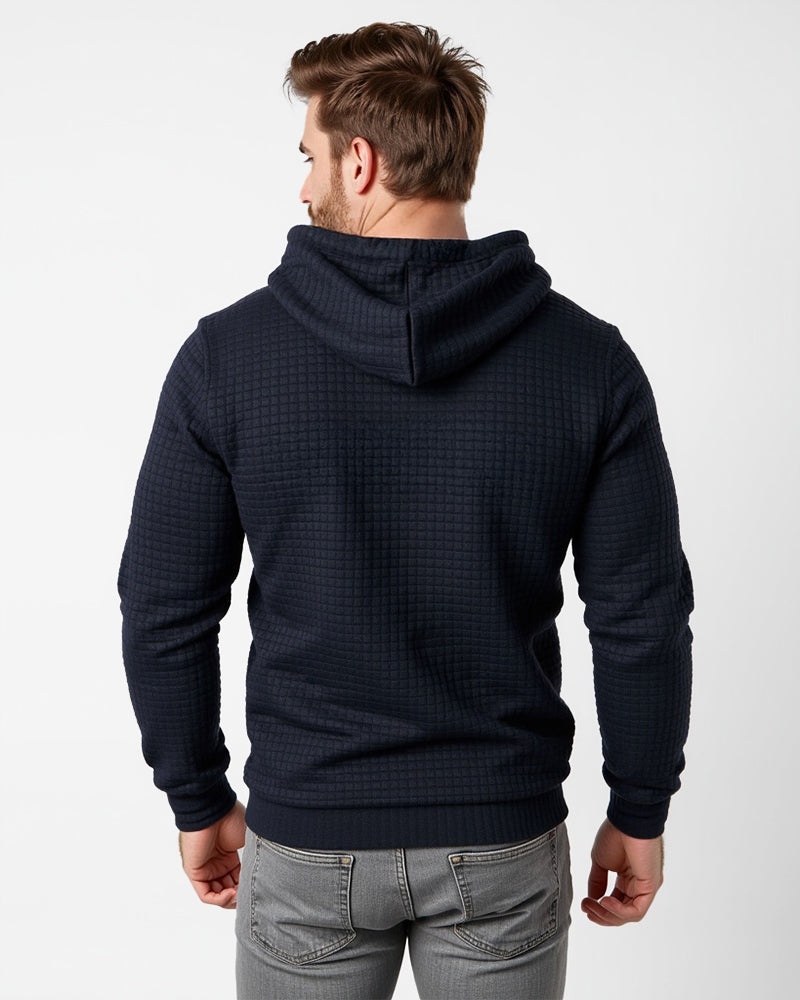 Camisola com capuz de malha de textura axadrezada e corte justo para homem, com capuz com cordão