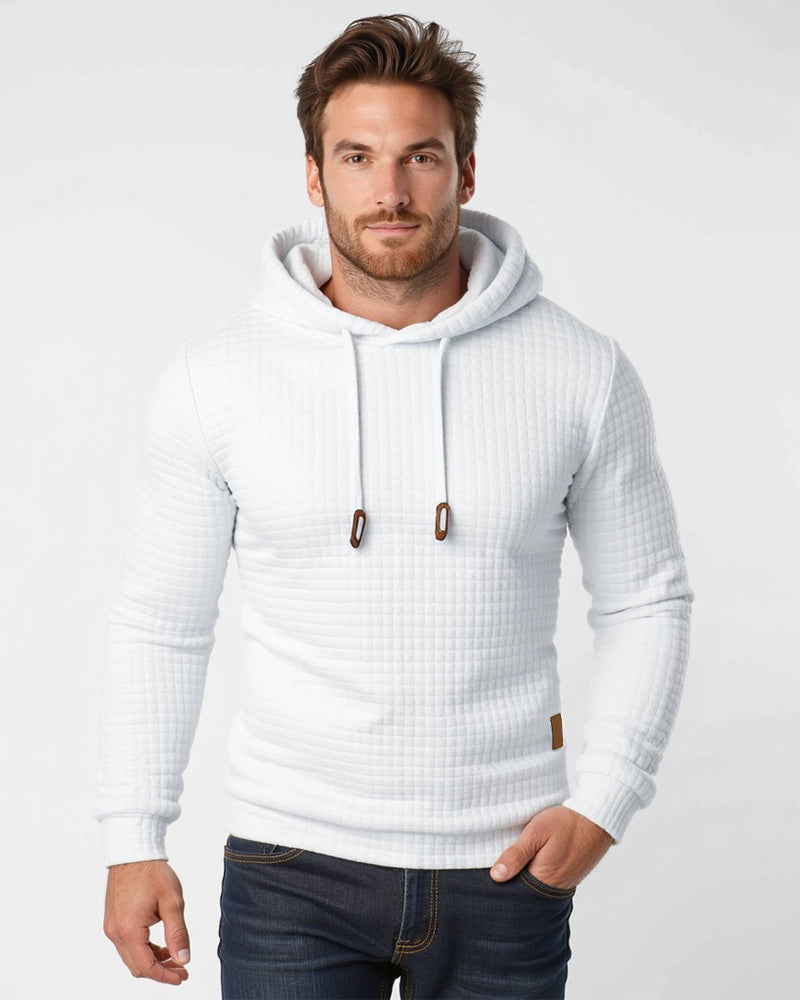 Camisola com capuz de malha de textura axadrezada e corte justo para homem, com capuz com cordão