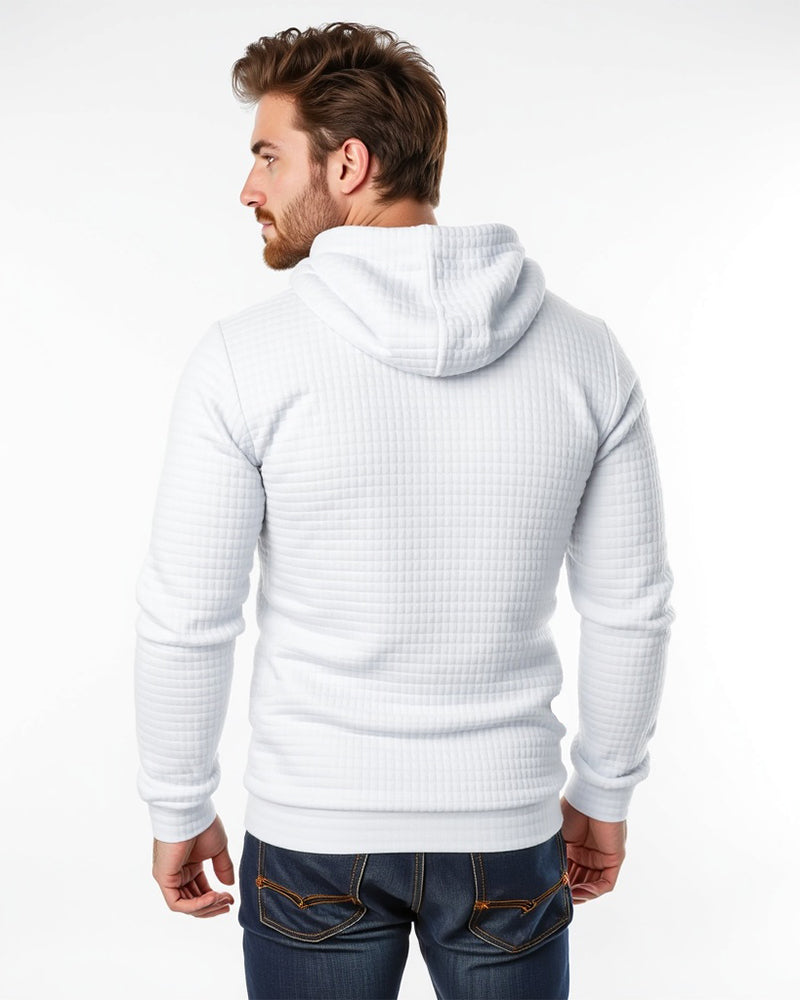Camisola com capuz de malha de textura axadrezada e corte justo para homem, com capuz com cordão