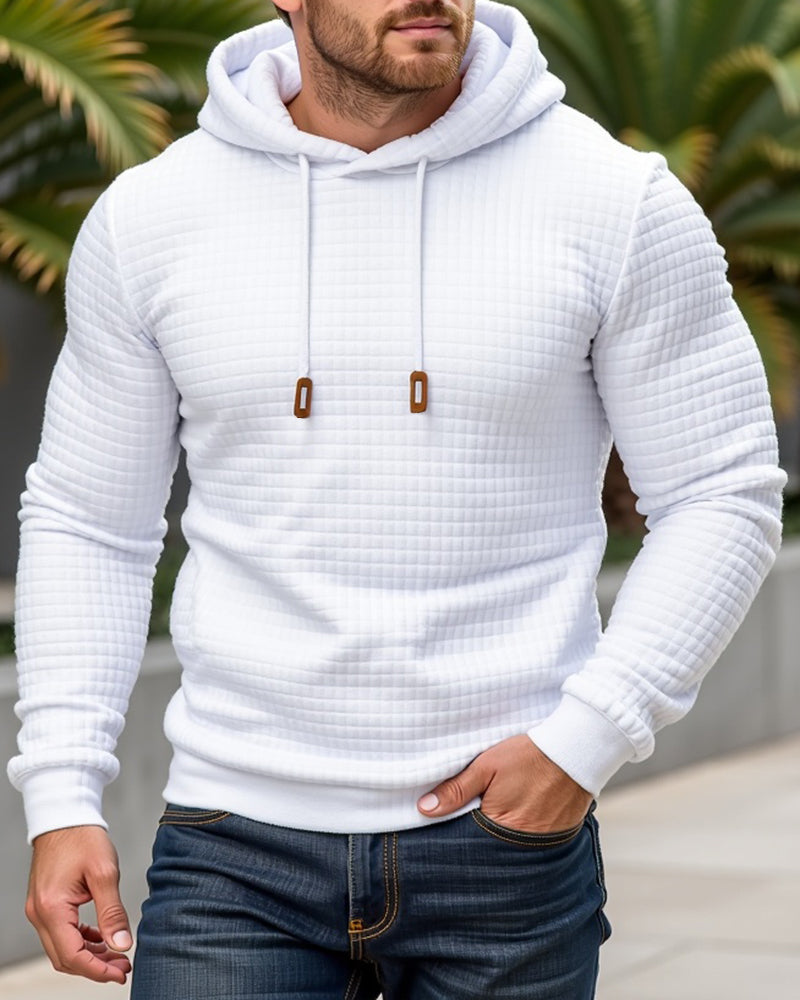 Camisola com capuz de malha de textura axadrezada e corte justo para homem, com capuz com cordão