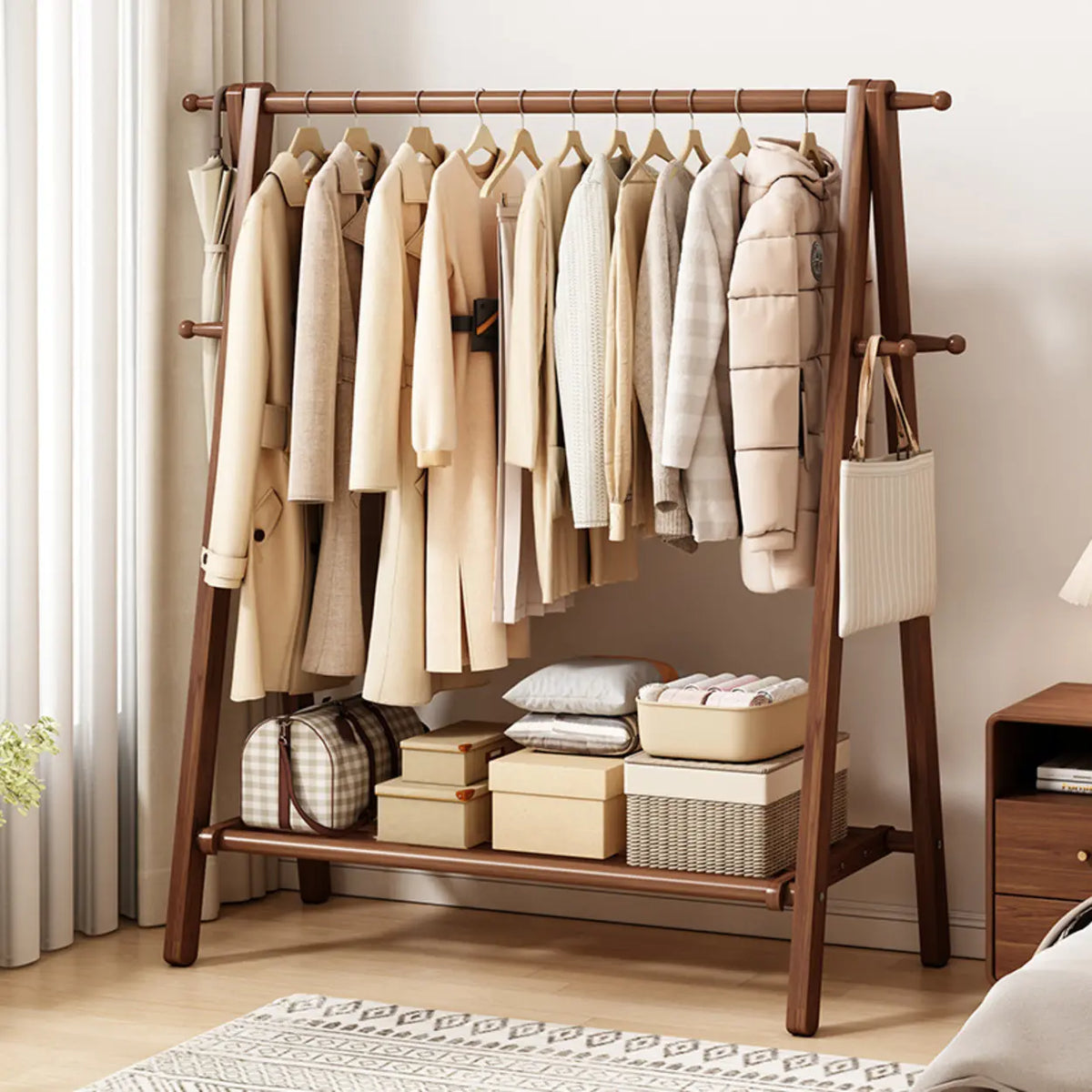 59 in Wood Garment Rack — Collapsible A-Frame, Hooks & Shelf