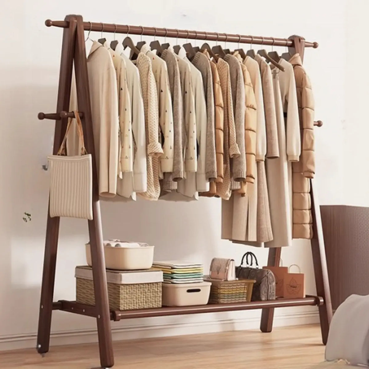 59 in Wood Garment Rack — Collapsible A-Frame, Hooks & Shelf