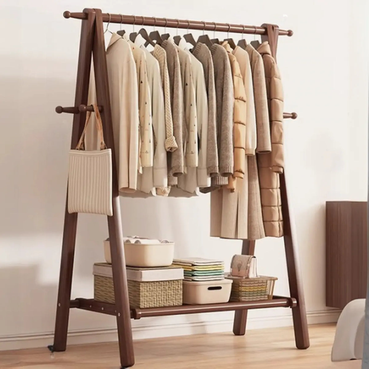 59 in Wood Garment Rack — Collapsible A-Frame, Hooks & Shelf