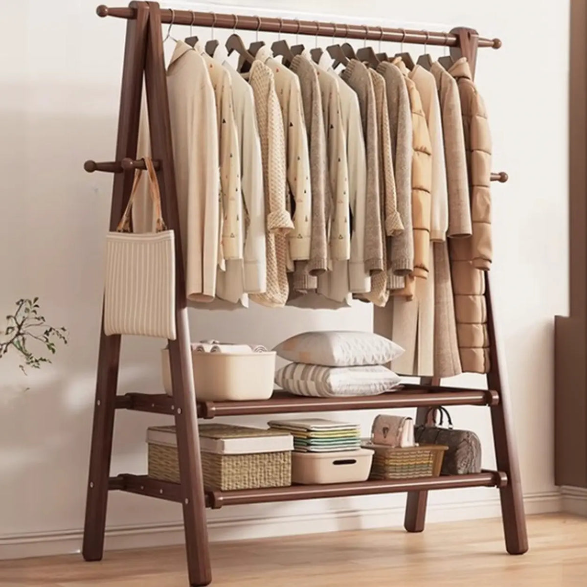 Perchero de madera de 59 in — plegable en forma de A, con ganchos y estante