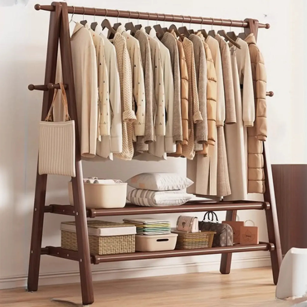 Perchero de madera de 59 in — plegable en forma de A, con ganchos y estante