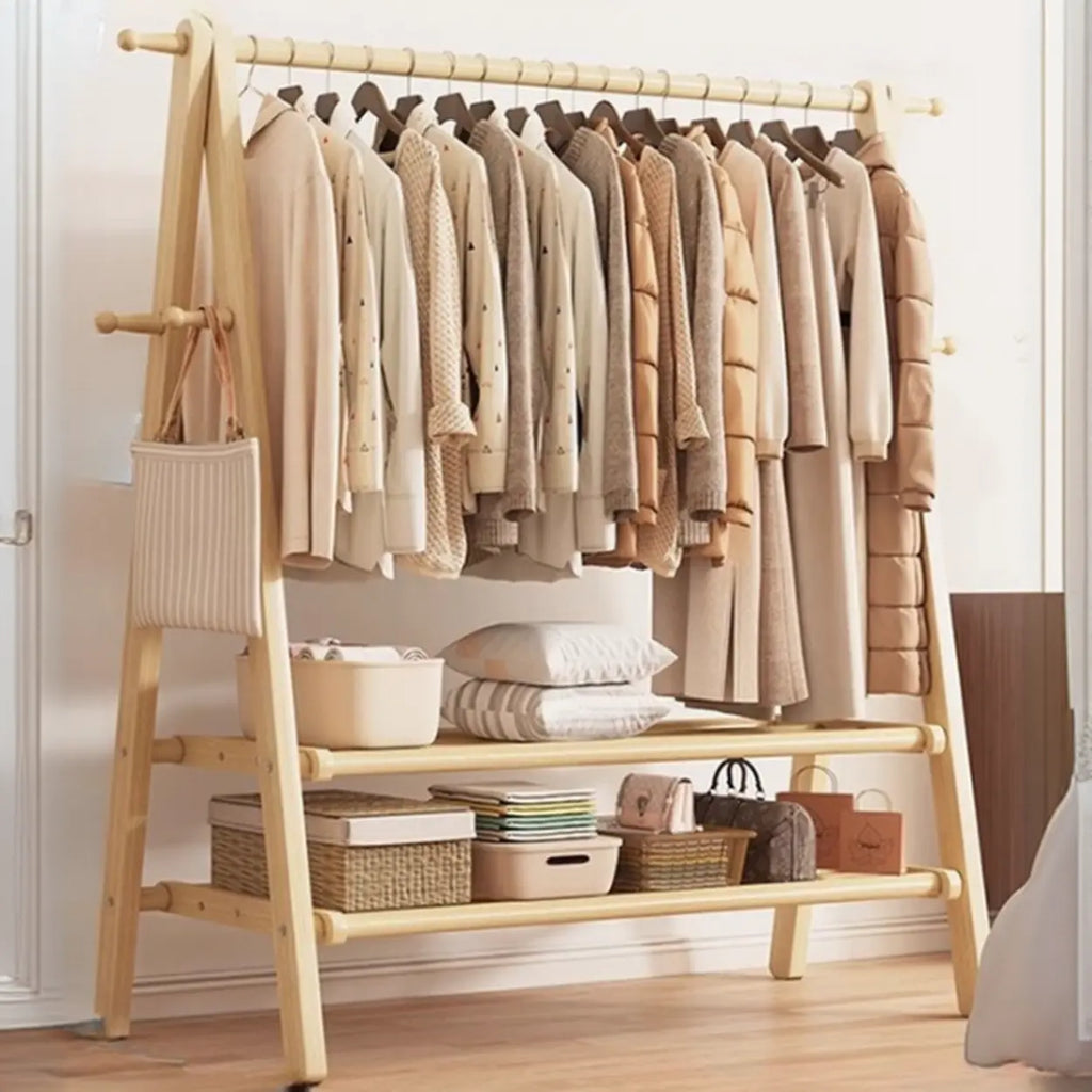Perchero de madera de 59 in — plegable en forma de A, con ganchos y estante