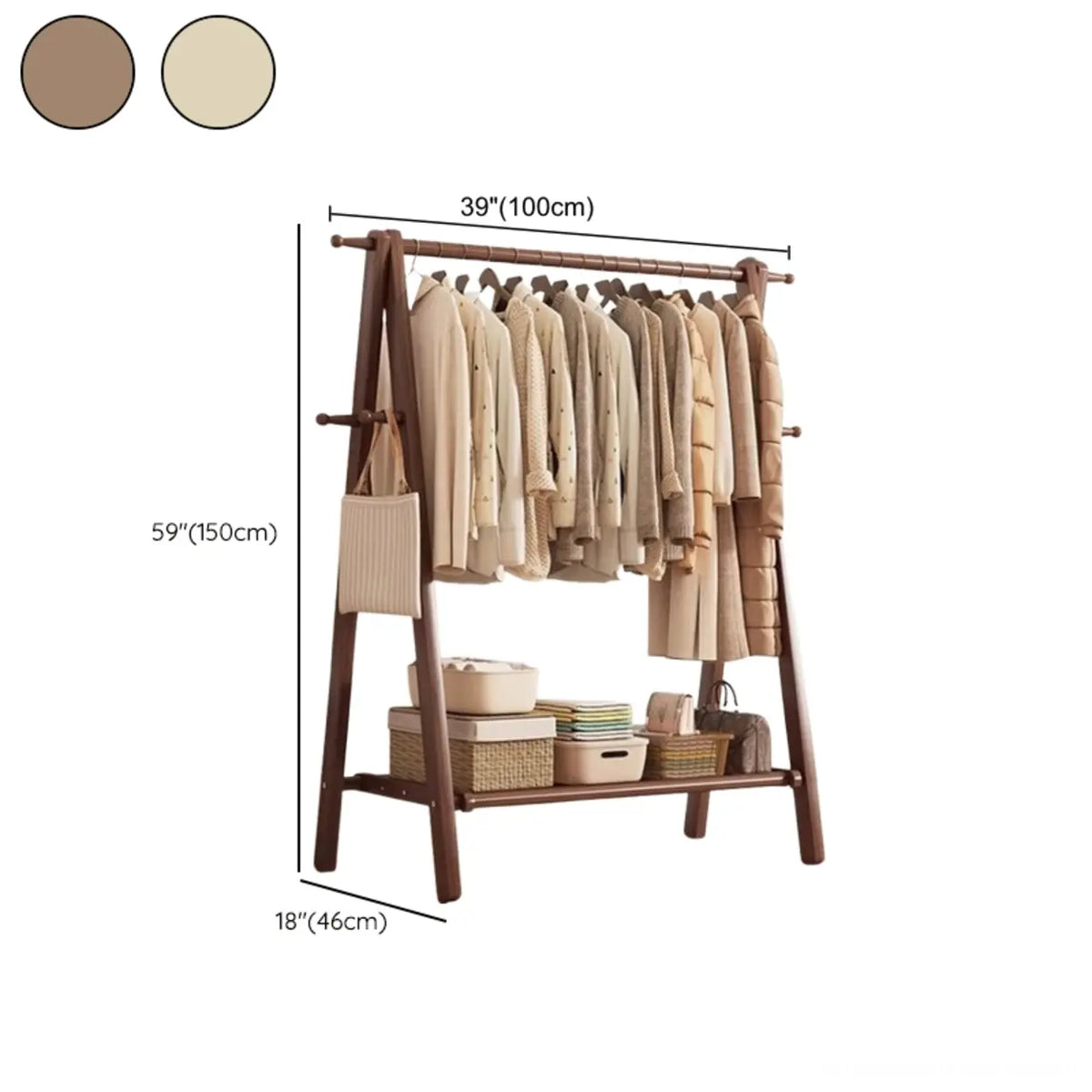Perchero de madera de 59 in — plegable en forma de A, con ganchos y estante