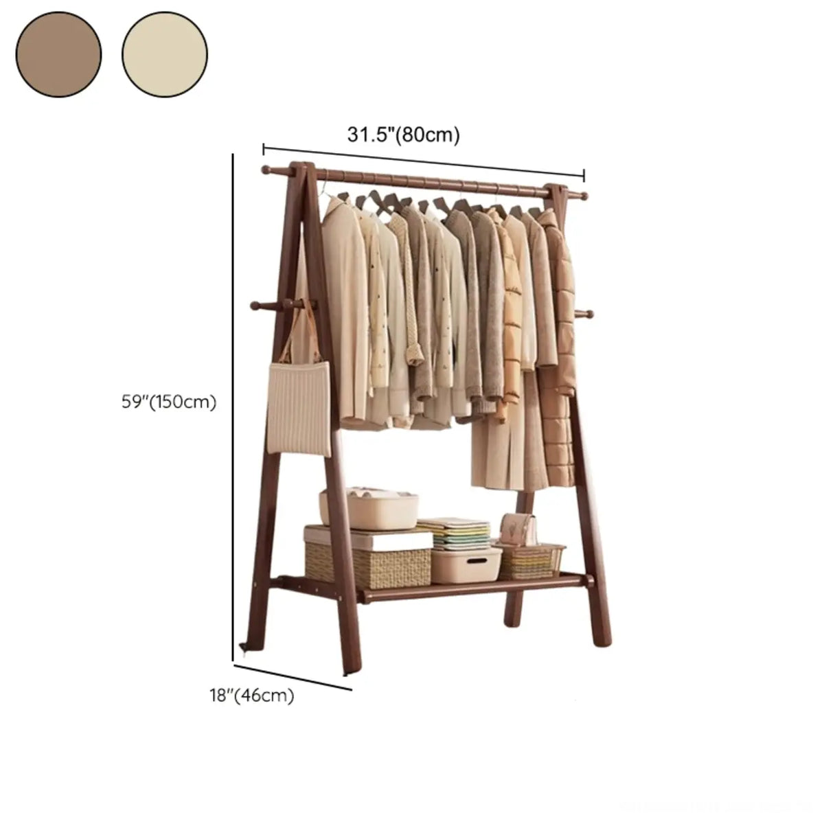 Perchero de madera de 59 in — plegable en forma de A, con ganchos y estante