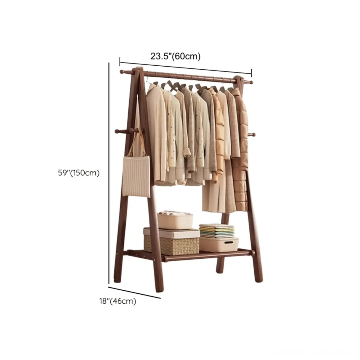 Perchero de madera de 59 in — plegable en forma de A, con ganchos y estante