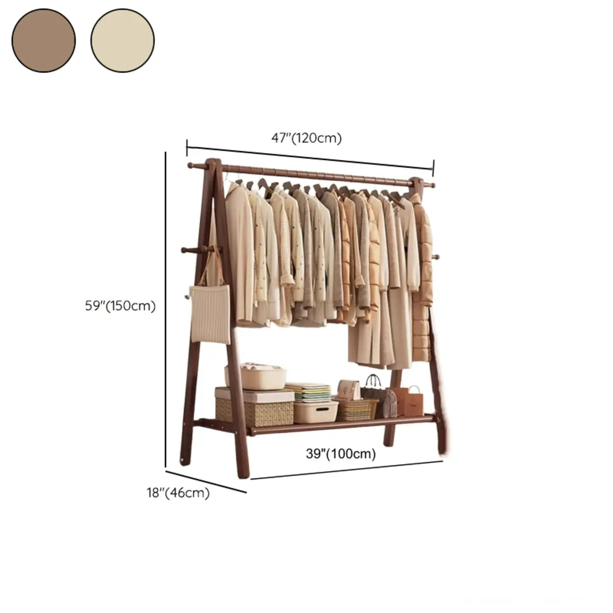 Perchero de madera de 59 in — plegable en forma de A, con ganchos y estante