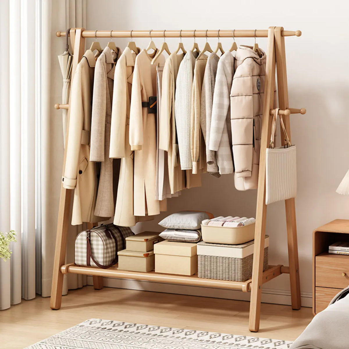 59 in Wood Garment Rack — Collapsible A-Frame, Hooks & Shelf