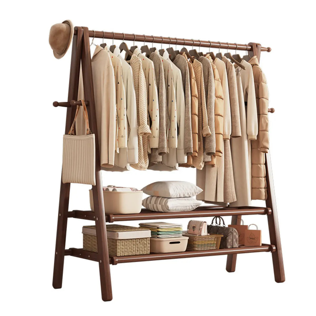 59 in Wood Garment Rack — Collapsible A-Frame, Hooks & Shelf