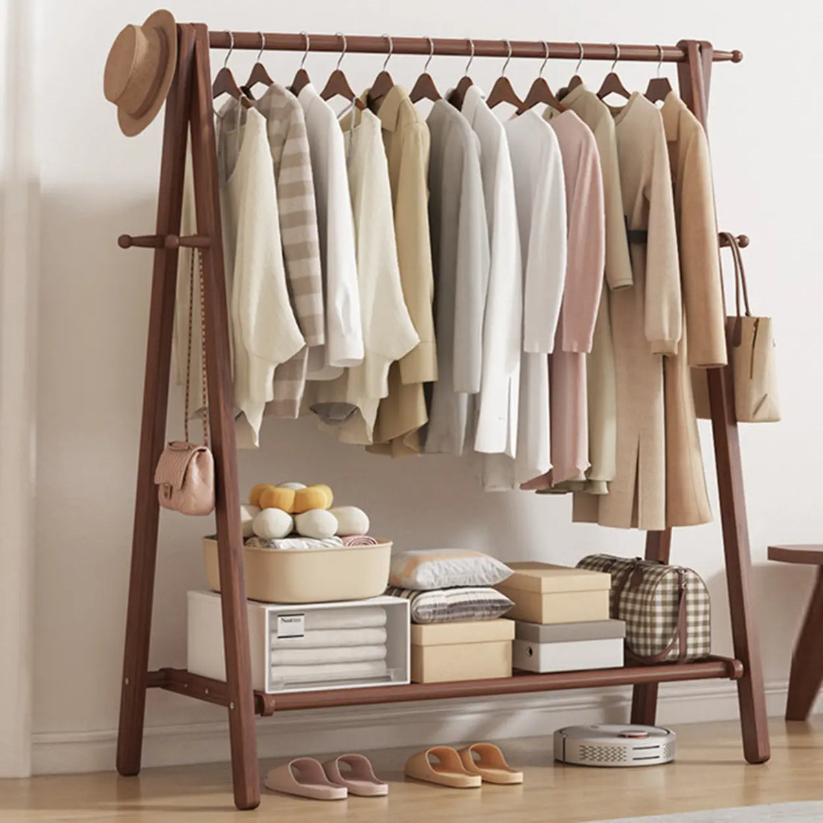 59 in Wood Garment Rack — Collapsible A-Frame, Hooks & Shelf