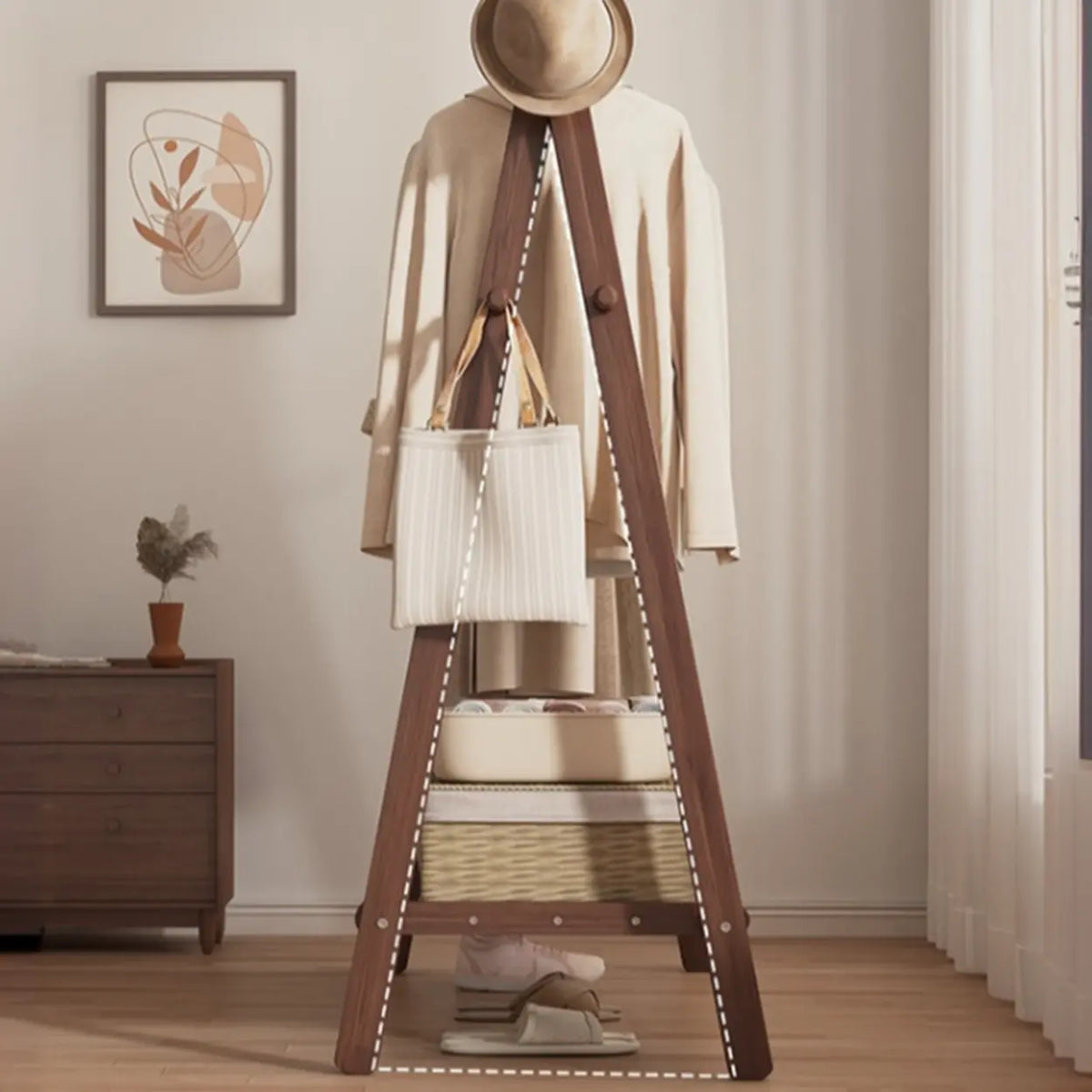 59 in Wood Garment Rack — Collapsible A-Frame, Hooks & Shelf