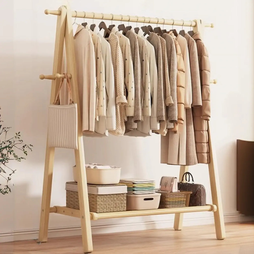 Perchero de madera de 59 in — plegable en forma de A, con ganchos y estante
