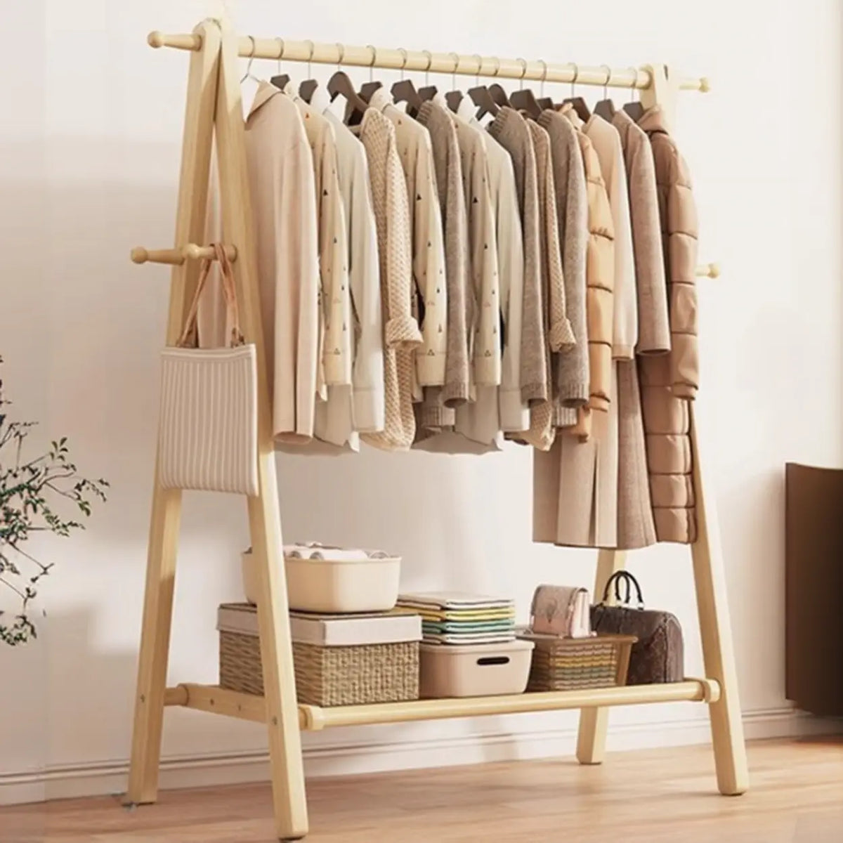 Perchero de madera de 59 in — plegable en forma de A, con ganchos y estante