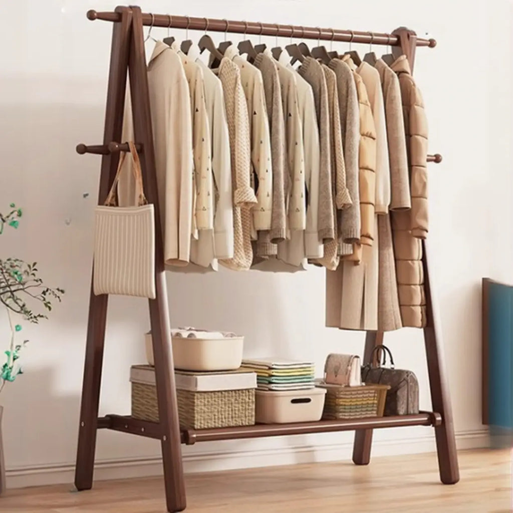 Perchero de madera de 59 in — plegable en forma de A, con ganchos y estante