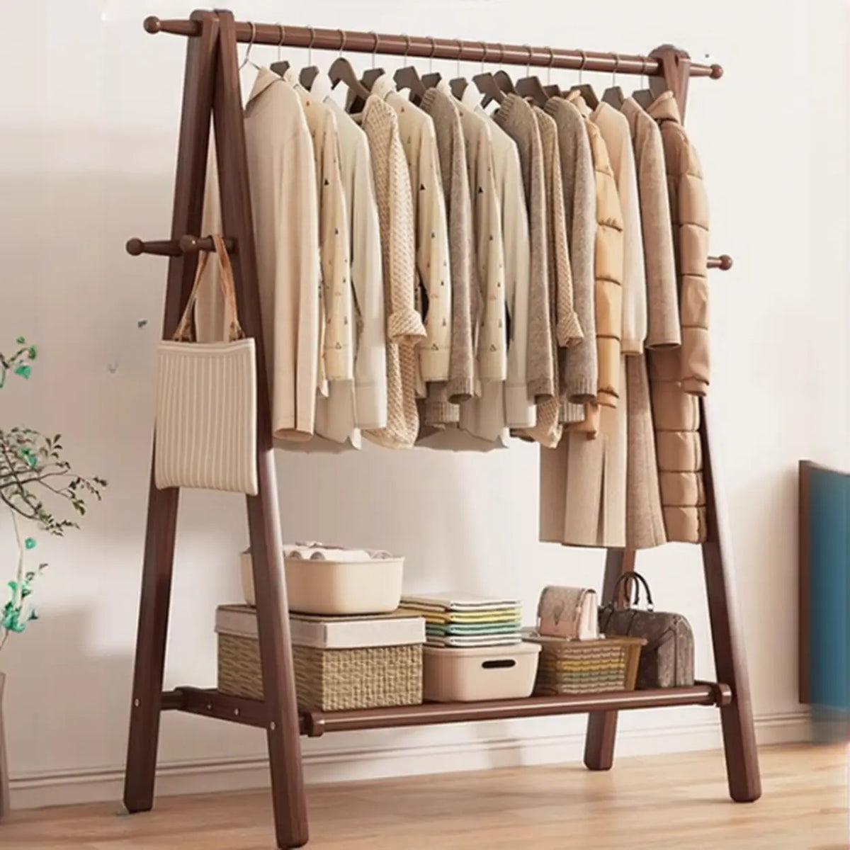 59 in Wood Garment Rack — Collapsible A-Frame, Hooks & Shelf