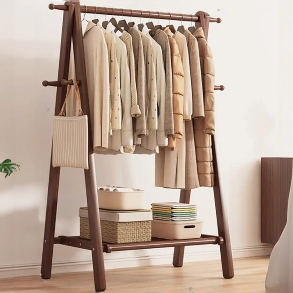 Perchero de madera de 59 in — plegable en forma de A, con ganchos y estante