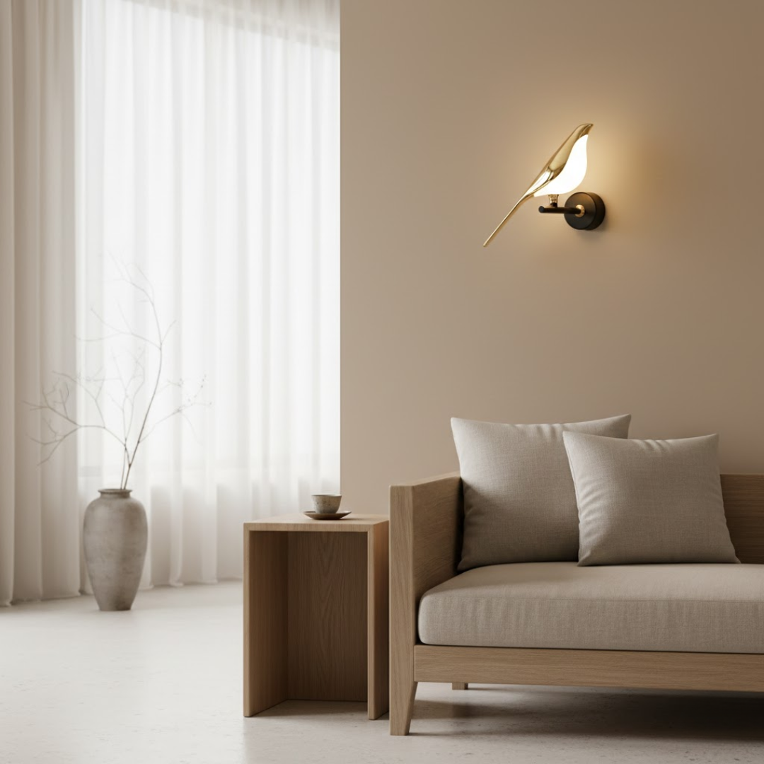 Moderne gullfarget vegglampe med fuglesilhuett