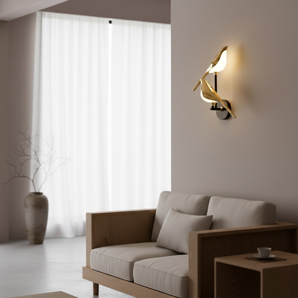 Moderne gullfarget vegglampe med fuglesilhuett