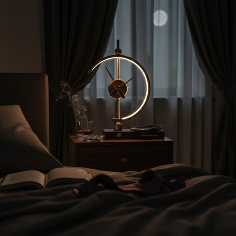 Lampe de table LED dorée — Horloge et socle de charge sans fil Qi