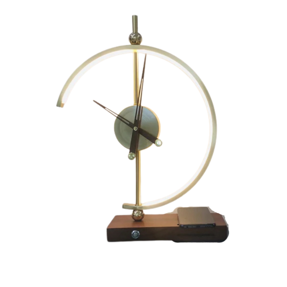 Lampe de table LED dorée — Horloge et socle de charge sans fil Qi
