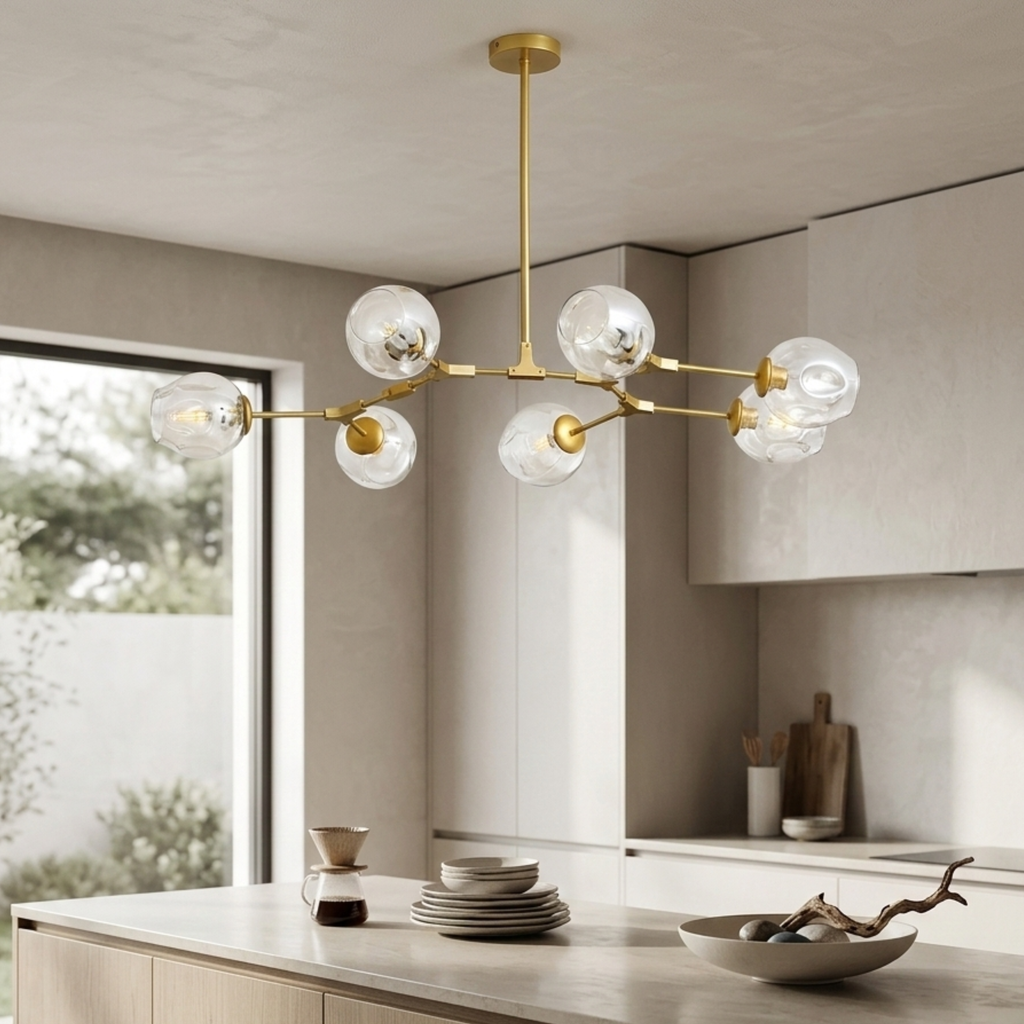 Mid-Century elágazó csillár — aranyszínű kivitel, átlátszó gömb alakú üvegbúrák