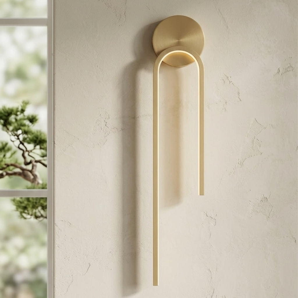 Aplique de pared LED moderno de bucle vertical — acabado dorado, placa trasera circular lisa