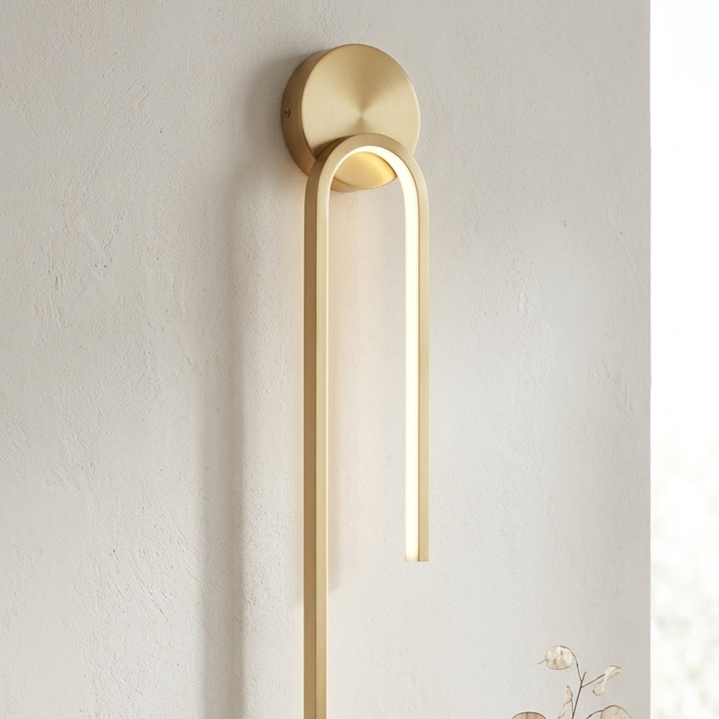 Aplique de pared LED moderno de bucle vertical — acabado dorado, placa trasera circular lisa