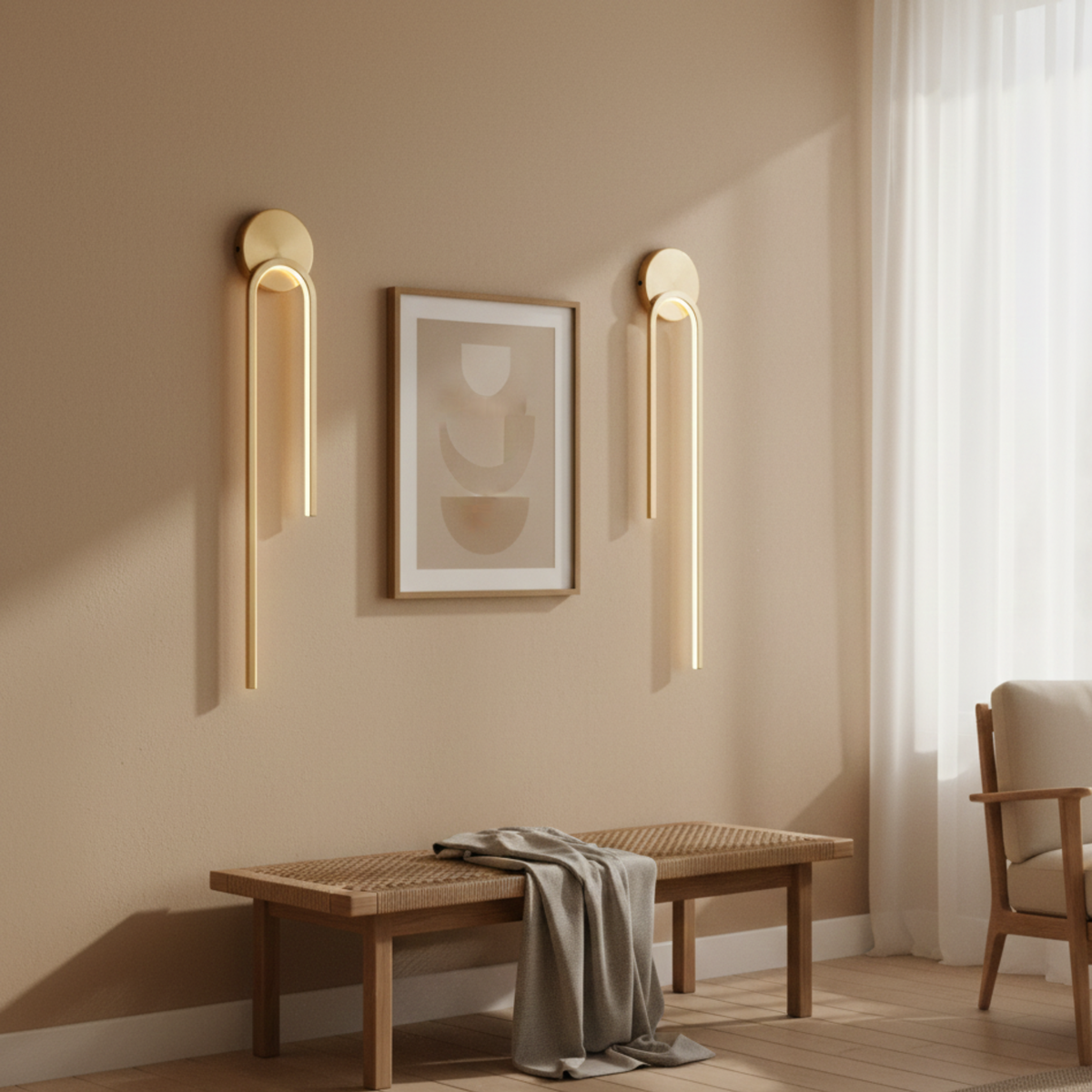 Aplique de pared LED moderno de bucle vertical — acabado dorado, placa trasera circular lisa