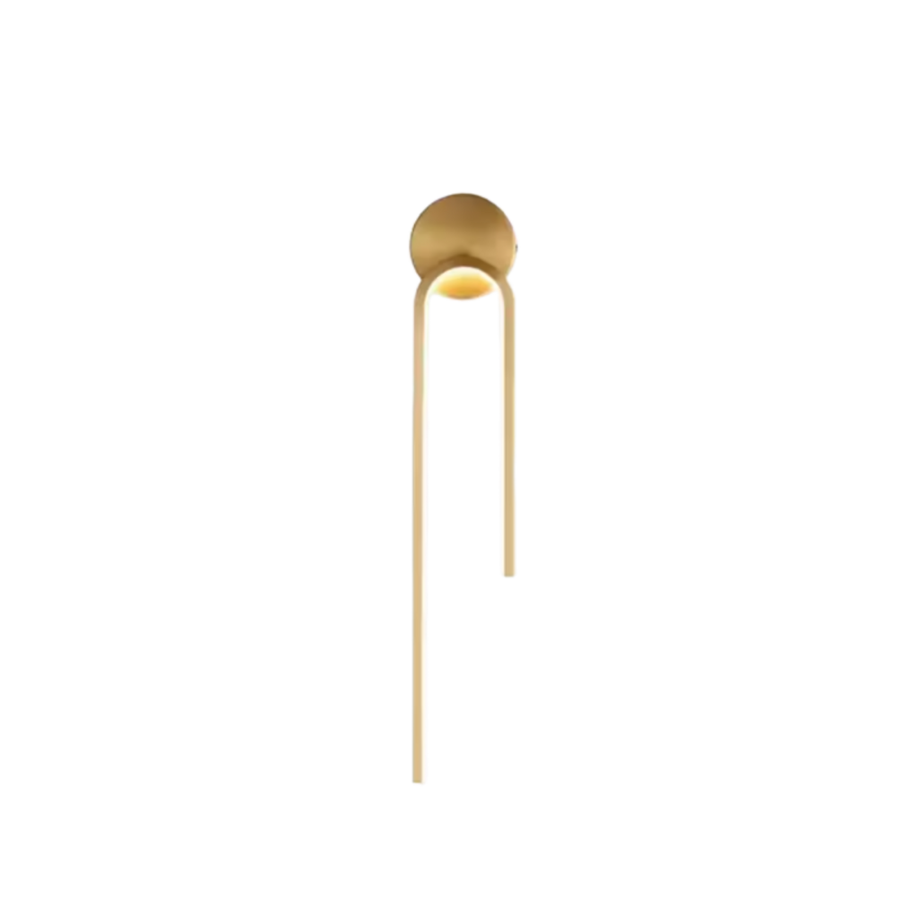 Aplique de pared LED moderno de bucle vertical — acabado dorado, placa trasera circular lisa