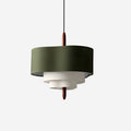 Scandinavian Green Fabric Drum Pendant Light — Tiered Design, Wood Accent