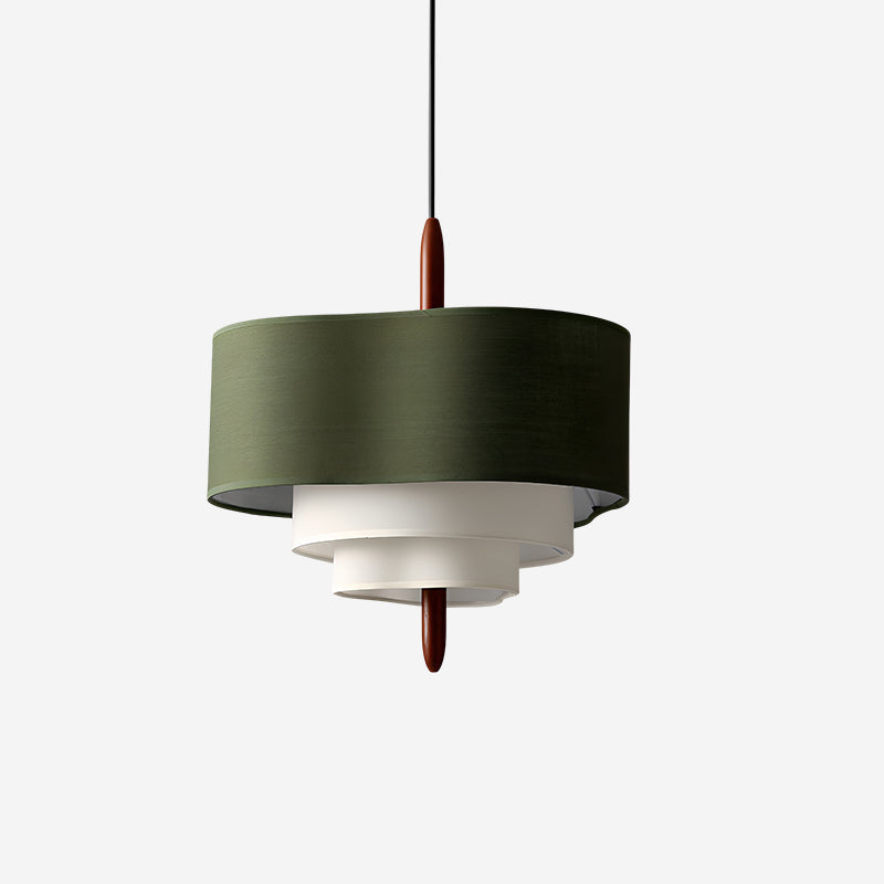 Scandinavian Green Fabric Drum Pendant Light — Tiered Design, Wood Accent