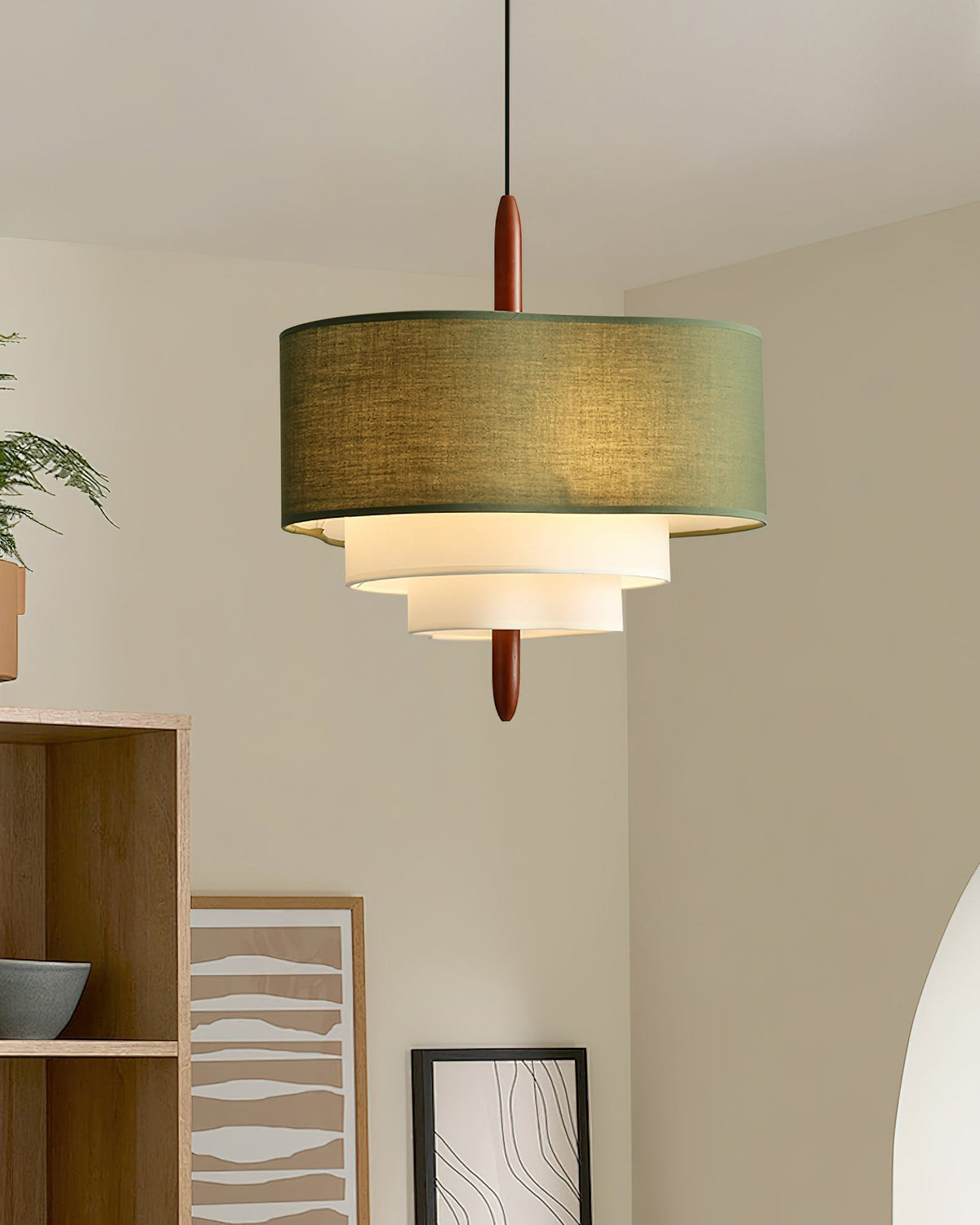 Scandinavian Green Fabric Drum Pendant Light — Tiered Design, Wood Accent