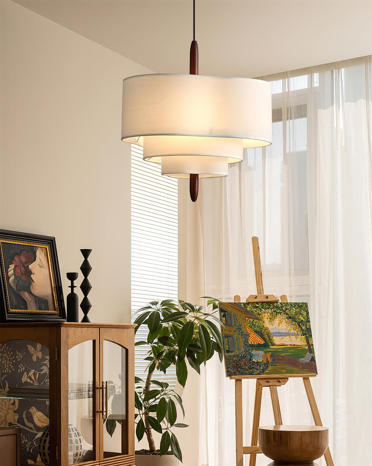 Scandinavian Green Fabric Drum Pendant Light — Tiered Design, Wood Accent