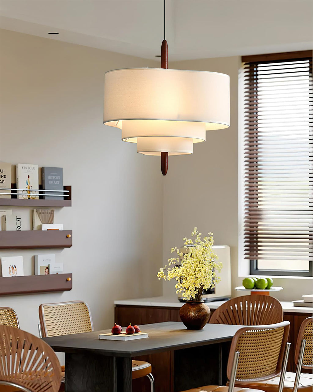 Scandinavian Green Fabric Drum Pendant Light — Tiered Design, Wood Accent