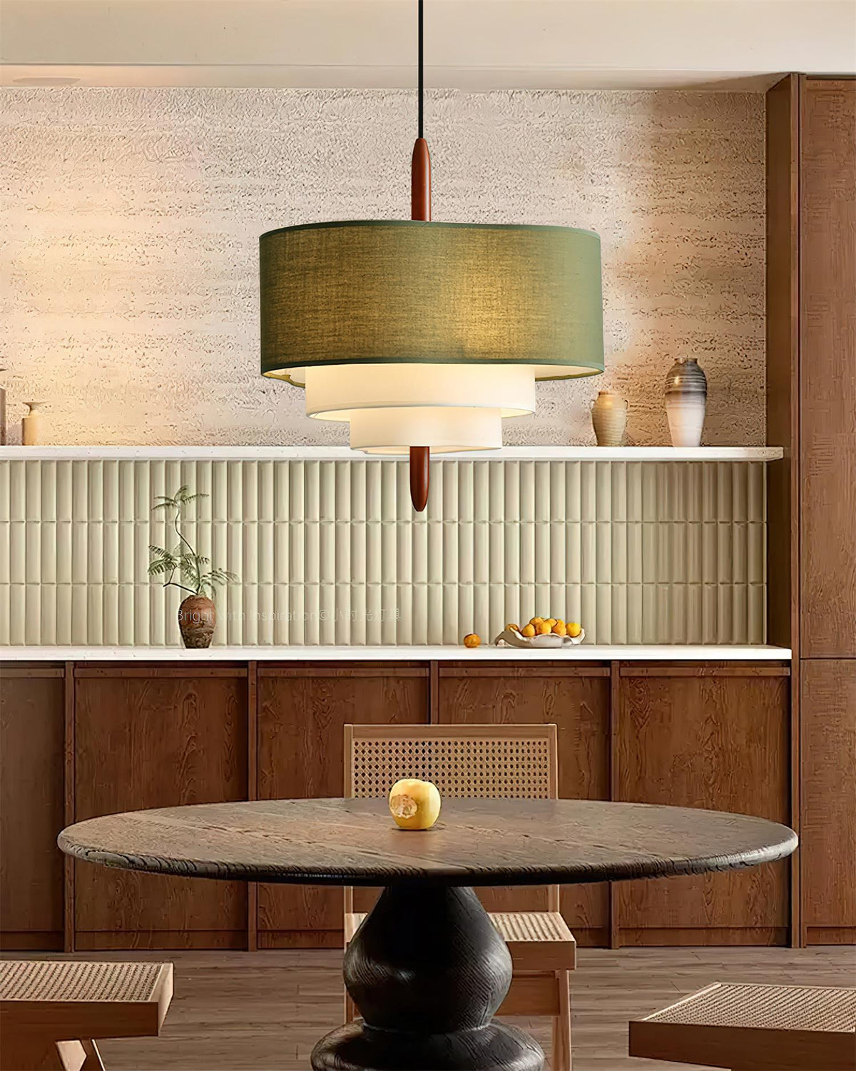 Scandinavian Green Fabric Drum Pendant Light — Tiered Design, Wood Accent
