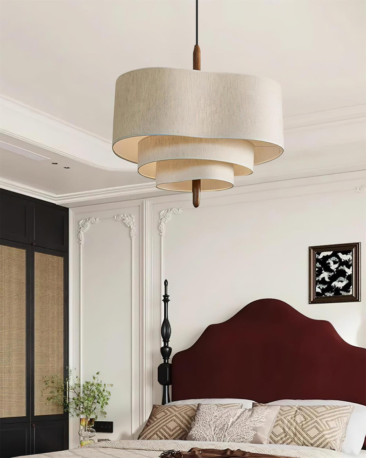 Scandinavian Green Fabric Drum Pendant Light — Tiered Design, Wood Accent