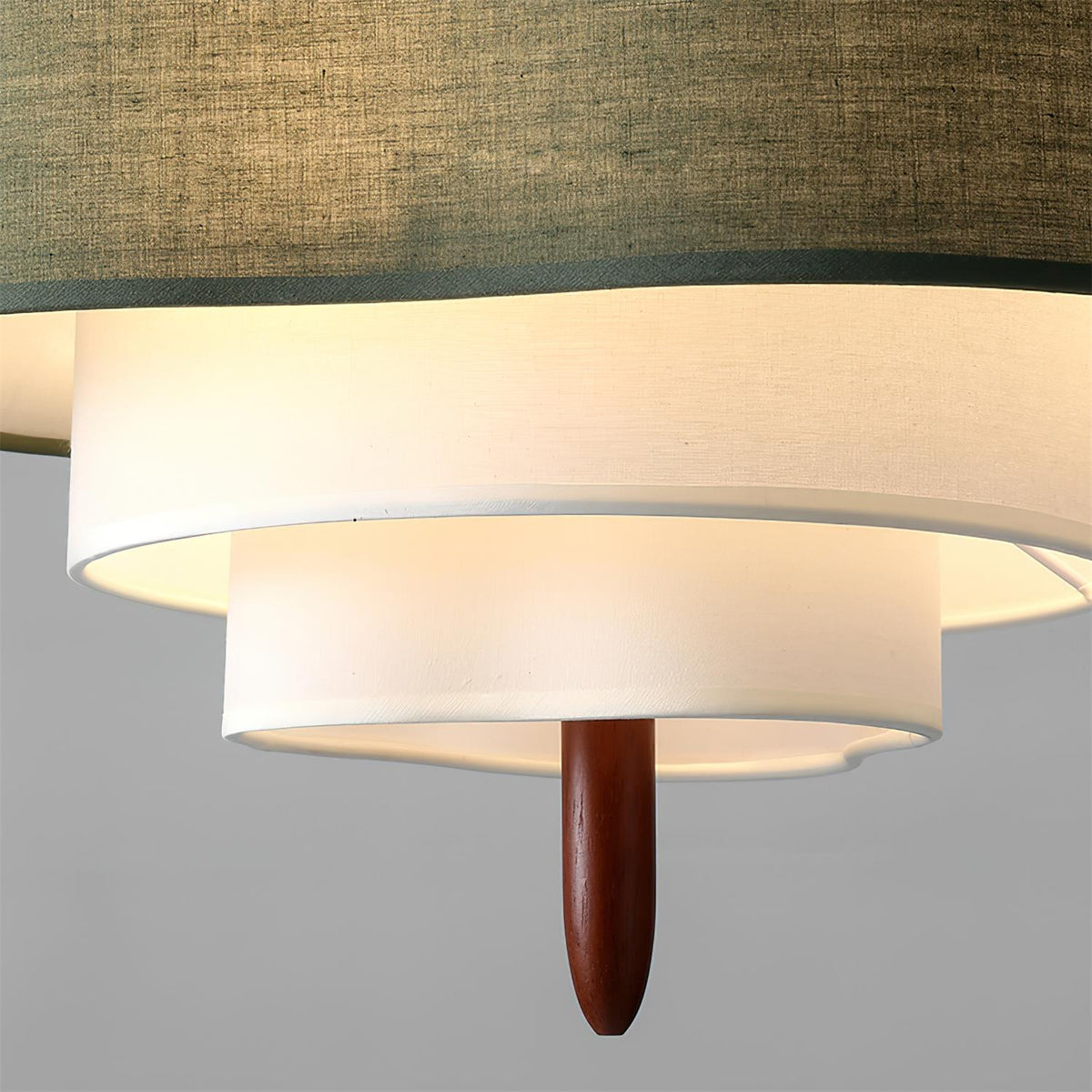 Scandinavian Green Fabric Drum Pendant Light — Tiered Design, Wood Accent