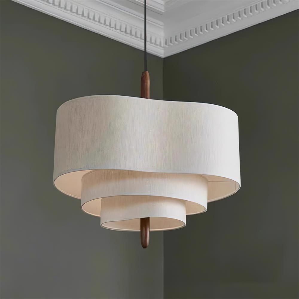 Scandinavian Green Fabric Drum Pendant Light — Tiered Design, Wood Accent