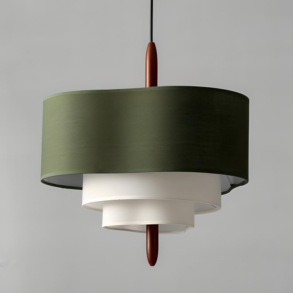 Scandinavian Green Fabric Drum Pendant Light — Tiered Design, Wood Accent