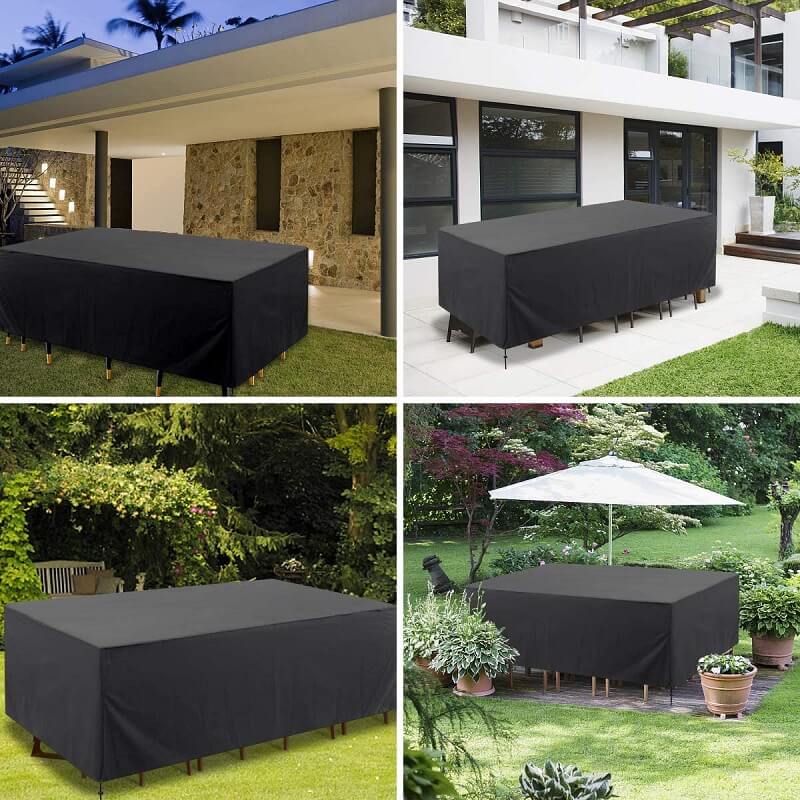 Housse de mobilier de terrasse toutes saisons — sangles de fixation et sac