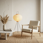 Handcrafted Rice Paper Lampshade On A Slim Floor Lamp For Ambient Light