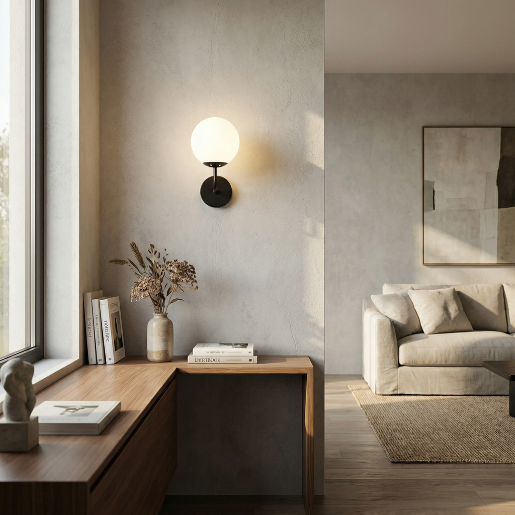 Kuleformet vegglampe med buet arm – kompakt profil
